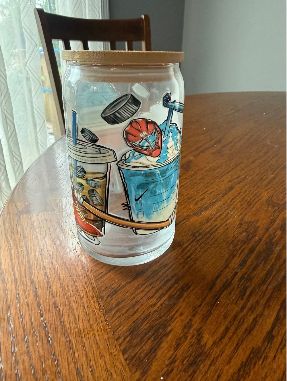 Glass Libby Cup with Bamboo Lid and Hockey design
